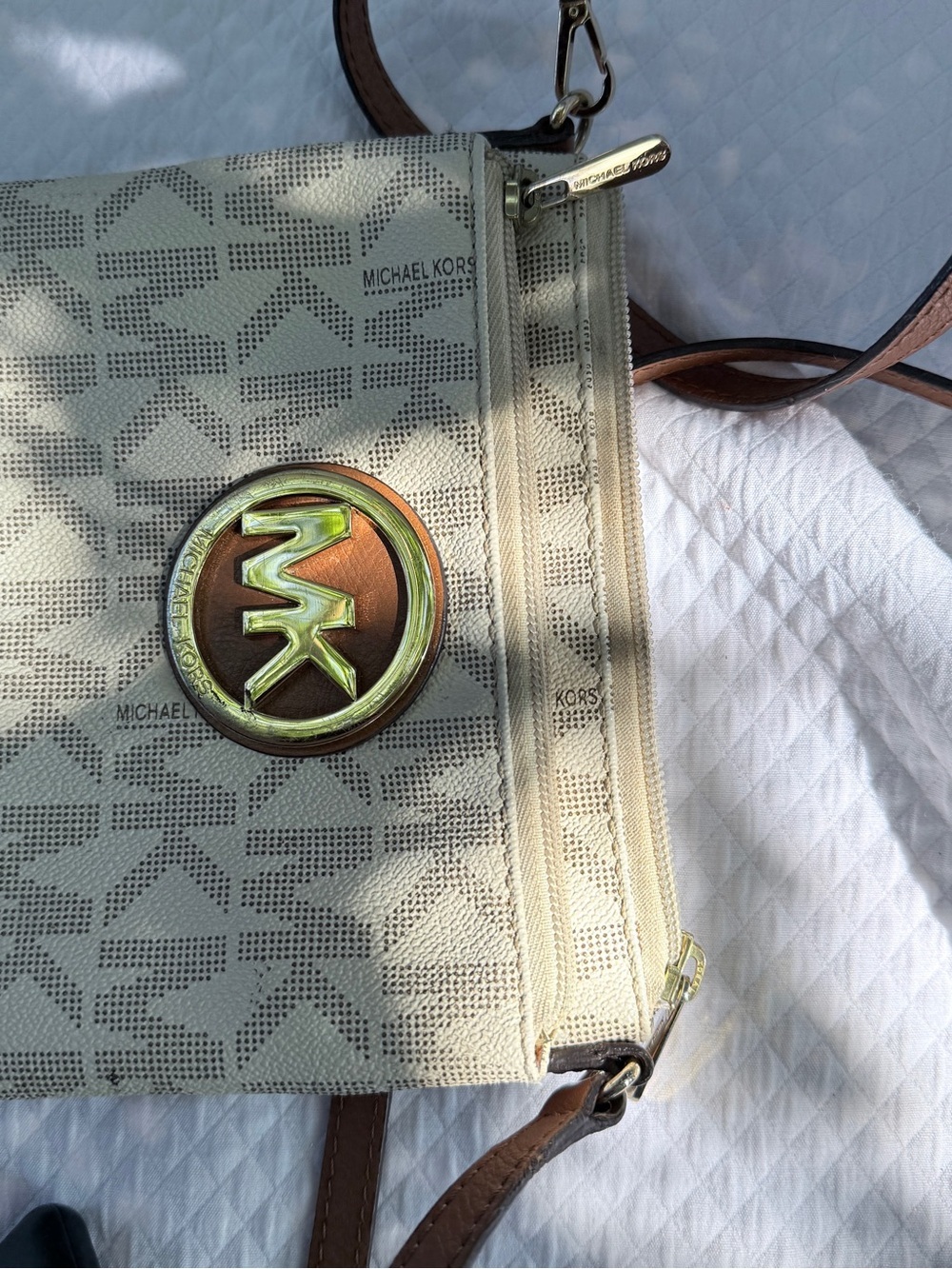 Michael Kors Cream Logo Crossbody with Brown Strap and Gold MK Emblem - Picture 12 of 12